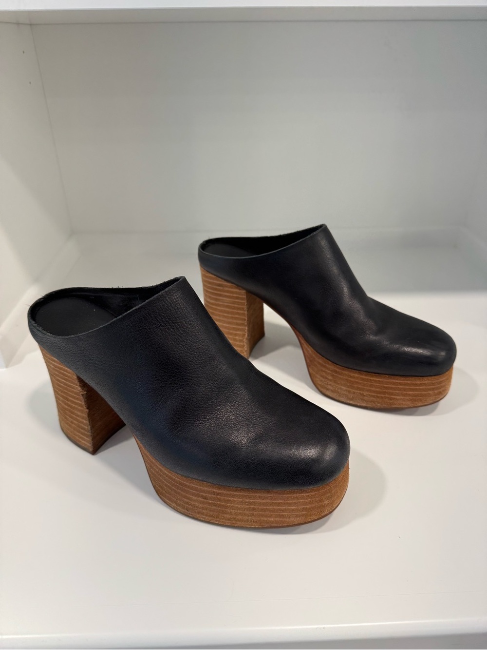 Kork-Ease Black Leather Platform Mule with Stacked platform Heel